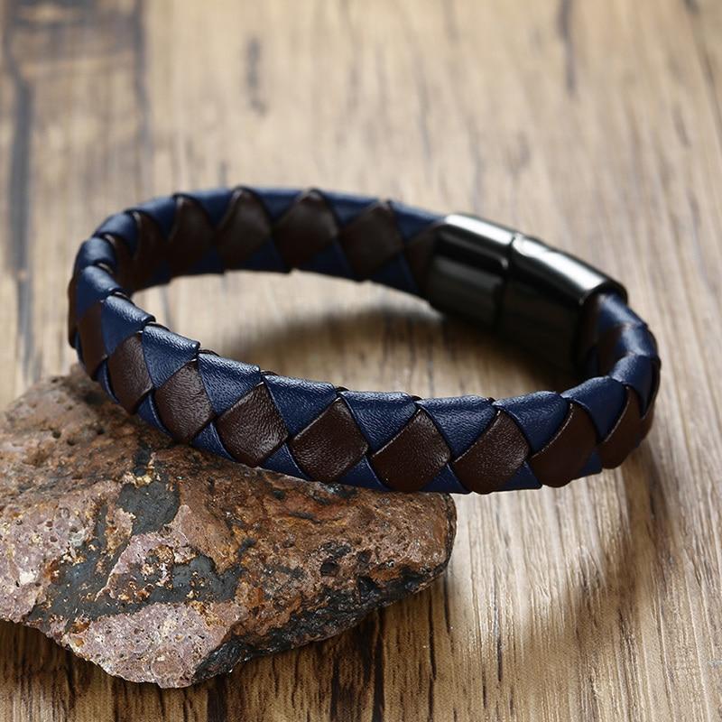 Braided Dark Blue and Black Genuine Leather Dragon Black Stainless Steel Magnetic Bracelet-Your Soul Place