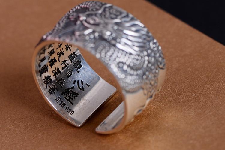 Real Pure Silver S999 Dragon Spirit with Heart Sutra Mantra Inside Ring
