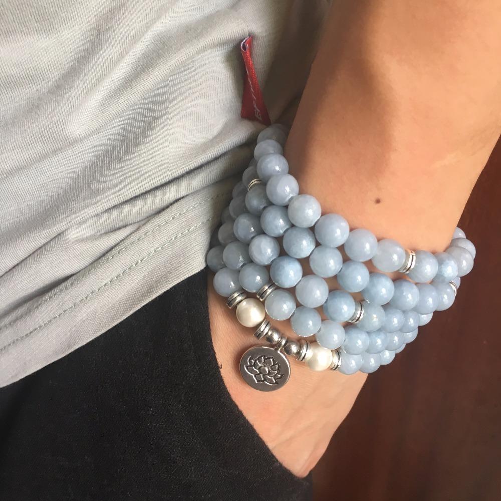 108 Pastel Sky Blue Beads Mala Lotus Bracelet-Your Soul Place