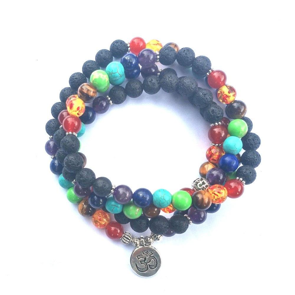 7 Chakra and Lava Stone 108 Beads Mala Bracelet - Lotus / Om / Buddha Charm-Your Soul Place