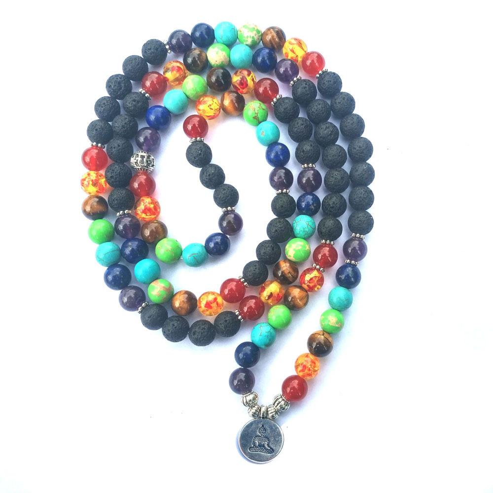 7 Chakra and Lava Stone 108 Beads Mala Bracelet - Lotus / Om / Buddha Charm-Your Soul Place