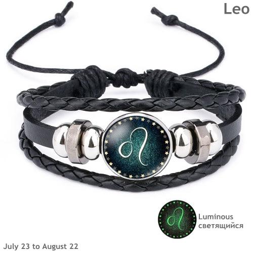 Glow in the Dark Zodiac Sign Leather Bracelet