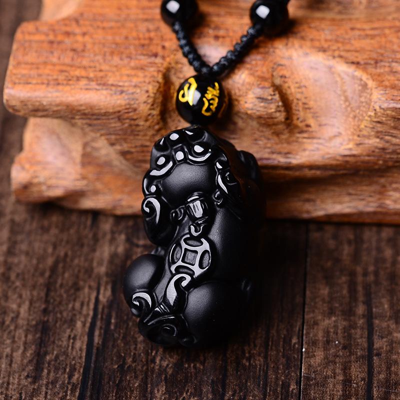 Natural Obsidian Pixiu Pendant Mantra Beads Necklace-Your Soul Place