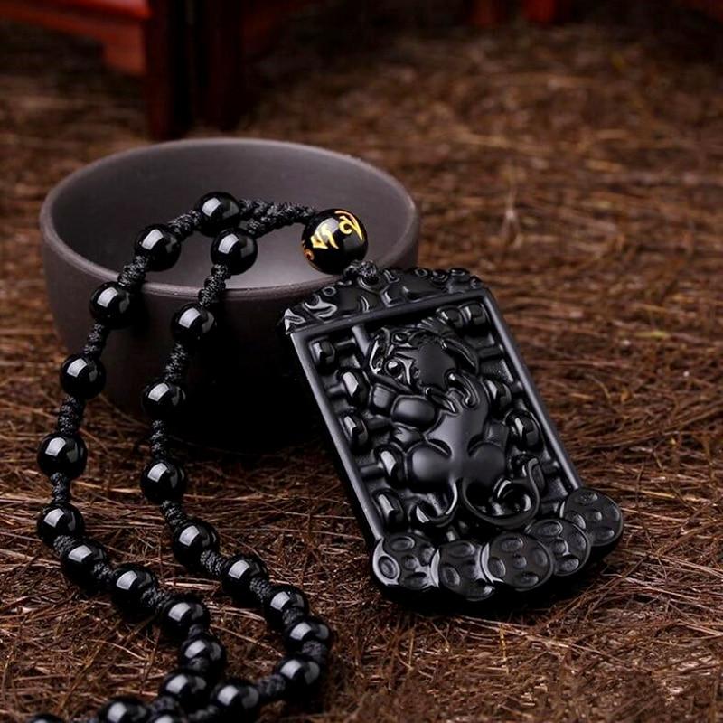 Carved Black Obsidian Pixiu Pendant Mantra Brads Necklace-Your Soul Place